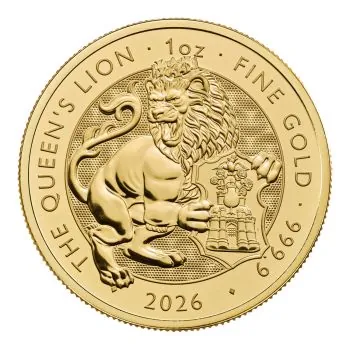 „Goldmünze 1 oz Großbritannien 2026 mit Motiv ‚The Queen’s Lion‘ aus der Royal Tudor Beasts Collection. Glänzende 999,9-Goldoberfläche, detailreiche heraldische Prägung, rundes Münzformat.“