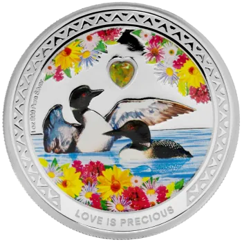 1 oz Silbermünze Niue 2026 in Polierter Platte, romantisches Motiv mit zwei Great Northern Divers, verziert mit farbigen Ornamenten und einem eingesetzten Zirkonia-Stein. Verpackt im hochwertigen Etui mit farbigem Umkarton.