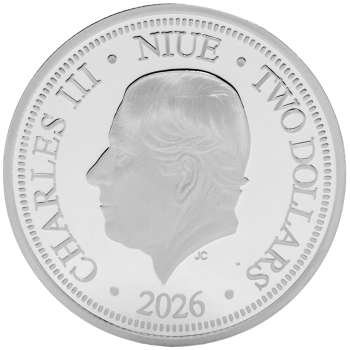 1 oz Silbermünze Niue 2026 in Polierter Platte, romantisches Motiv mit zwei Great Northern Divers, verziert mit farbigen Ornamenten und einem eingesetzten Zirkonia-Stein. Verpackt im hochwertigen Etui mit farbigem Umkarton.