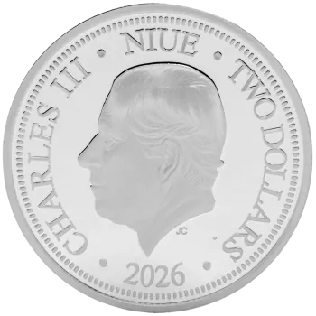 1 oz Silbermünze Niue 2026 in Polierter Platte, romantisches Motiv mit zwei Great Northern Divers, verziert mit farbigen Ornamenten und einem eingesetzten Zirkonia-Stein. Verpackt im hochwertigen Etui mit farbigem Umkarton.