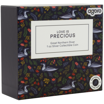1 oz Silbermünze Niue 2026 in Polierter Platte, romantisches Motiv mit zwei Great Northern Divers, verziert mit farbigen Ornamenten und einem eingesetzten Zirkonia-Stein. Verpackt im hochwertigen Etui mit farbigem Umkarton.