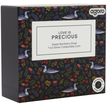 1 oz Silbermünze Niue 2026 in Polierter Platte, romantisches Motiv mit zwei Great Northern Divers, verziert mit farbigen Ornamenten und einem eingesetzten Zirkonia-Stein. Verpackt im hochwertigen Etui mit farbigem Umkarton.