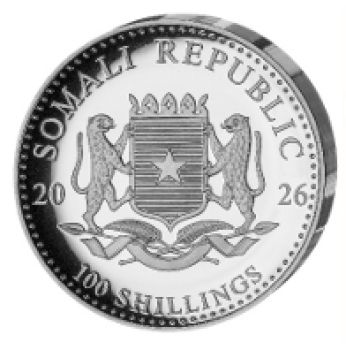 1 Unze Silbermünze Somalia 2026 – Elefant, Ultra High Relief und Polierte Platte, detailreiches Elefantenmotiv mit plastischer Tiefenwirkung, Lieferung im Etui mit nummeriertem Echtheitszertifikat.