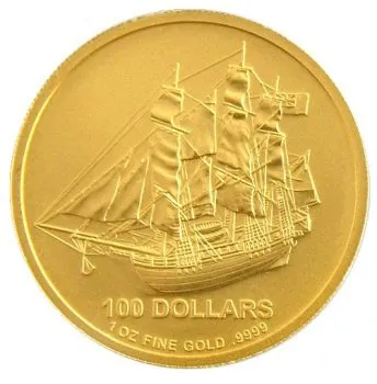 1 Unze Goldmünze Cook Islands 2009, Motivseite mit detailliert geprägtem Bounty-Schiff; Vorderseite mit Porträt von Königin Elizabeth II.; goldglänzende Anlageprägung aus 999 Feingold.