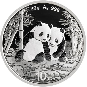 Silbermünze China Panda 2026, 30 g, mit Panda-Motiv auf der Vorderseite und dem Himmelstempel von Peking auf der Rückseite