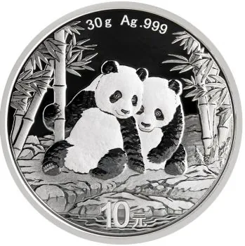 Silbermünze China Panda 2026, 30 g, mit Panda-Motiv auf der Vorderseite und dem Himmelstempel von Peking auf der Rückseite