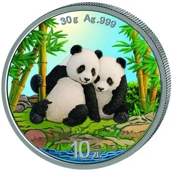 30 g Silbermünze China 2026 Panda in Farbe. Vorderseite mit dem Himmelstempel, Rückseite mit farbig gestaltetem Panda-Motiv.