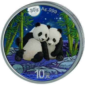2×30 g Silbermünzen China 2026 Panda SET Night & Day in Farbe, geprägt von der China Mint, Vorderseiten mit Himmelstempel, Rückseiten mit farblich gestalteten Panda-Motiven, inkl. Münzetui und Echtheitszertifikat.“