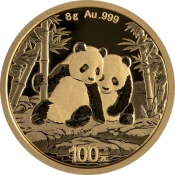 8 Gramm Goldmünze China 2026, Vorderseite mit Panda-Motiv, Rückseite mit Himmelstempel in Peking, geprägt von der China Mint, Bullionqualität 999 Feingold.
