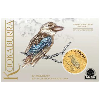 1-Unzen-Silbermünze Australien 2025, teilvergoldetes Kookaburra-Motiv, im offiziellen Sydney Money Expo ANDA Blister. Rückseite mit Porträt und Nennwert, hochwertige Sonderedition der Perth Mint.