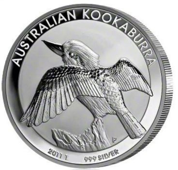 1-Unzen-Silbermünze Australien 2011 mit Kookaburra-Motiv, geprägt von der Perth Mint. Darstellung eines Kookaburra in einer natürlichen Szenerie, Silber in Bullionqualität.