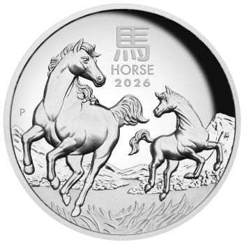 1-Unzen-Silbermünze Australien 2026 in High-Relief-Prägung mit Polierter Platte. Pferd-Motiv der Lunar Serie 3, stark vertiefte Prägung, spiegelnde Proof-Flächen, Ausgabe der Perth Mint.
