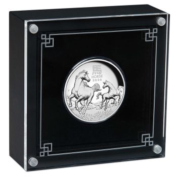 1-Unzen-Silbermünze Australien 2026 in High-Relief-Prägung mit Polierter Platte. Pferd-Motiv der Lunar Serie 3, stark vertiefte Prägung, spiegelnde Proof-Flächen, Ausgabe der Perth Mint.