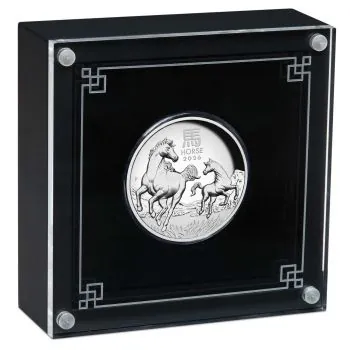 1-Unzen-Silbermünze Australien 2026 in High-Relief-Prägung mit Polierter Platte. Pferd-Motiv der Lunar Serie 3, stark vertiefte Prägung, spiegelnde Proof-Flächen, Ausgabe der Perth Mint.