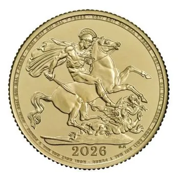 Goldmünze Großbritannien 2026 mit St.-George-und-Drache-Motiv auf der Vorderseite. Rückseite zeigt König Charles III. mit Latentbild und Halbton-Effekt im Randbereich. Mikrogravur am Münzrand der Vorderseite.
