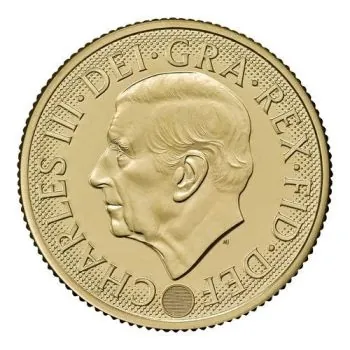 Goldmünze Großbritannien 2026 mit St.-George-und-Drache-Motiv auf der Vorderseite. Rückseite zeigt König Charles III. mit Latentbild und Halbton-Effekt im Randbereich. Mikrogravur am Münzrand der Vorderseite.