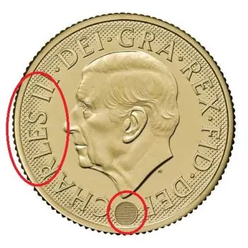 Goldmünze Großbritannien 2026 mit St.-George-und-Drache-Motiv auf der Vorderseite. Rückseite zeigt König Charles III. mit Latentbild und Halbton-Effekt im Randbereich. Mikrogravur am Münzrand der Vorderseite.