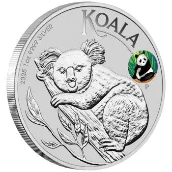 1-Unzen-Silbermünze Australien 2025 im offiziellen Blister. Motiv: Koala. Zusätzlich farbiges Panda-Privy-Mark. Limitierte Messeausgabe zur Beijing International Coin Expo.