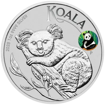 1-Unzen-Silbermünze Australien 2025 im offiziellen Blister. Motiv: Koala. Zusätzlich farbiges Panda-Privy-Mark. Limitierte Messeausgabe zur Beijing International Coin Expo.