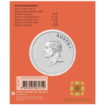 1-Unzen-Silbermünze Australien 2025 im offiziellen Blister. Motiv: Koala. Zusätzlich farbiges Panda-Privy-Mark. Limitierte Messeausgabe zur Beijing International Coin Expo.
