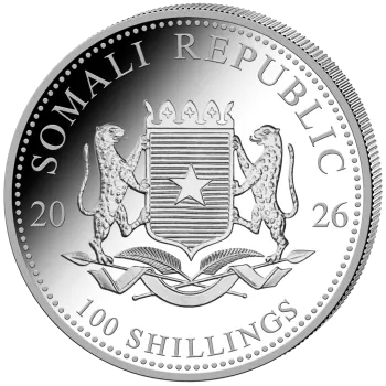 1-Unzen-Silbermünze Somalia 2026 mit farbigem Elefantenmotiv aus der African Wildlife Series. Hochdetailliertes Motiv, farbveredelte Gestaltung.“