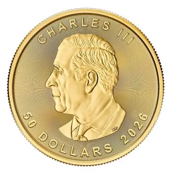 1 Unze Goldmünze Kanada 2026 Maple Leaf mit Ahornblatt-Motiv, geprägt von der Royal Canadian Mint, Vorderseite mit dem Porträt von König Charles III.