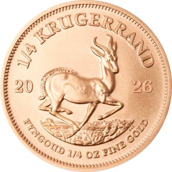 1/4 Unze Goldmünze Südafrika 2026 Krügerrand mit Springbock-Motiv, Vorderseite Porträt Paul Kruger, geprägt von der South African Mint, ideal für Goldinvestment und Handel
