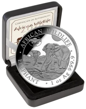 „1 Unze Silbermünze Somalia 2026 Elefant mit Botanical Garden Privy Mark zur World Money Fair Berlin, geprägt in 999,9 Feinsilber, geliefert im Münzetui mit Zertifikat.“
