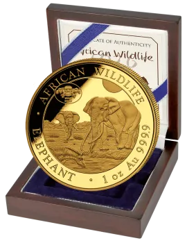 Unze Goldmünze Somalia 2026 Elefant mit Botanical Garden Privy Mark zur World Money Fair Berlin, geprägt in 999,9 Feingold, geliefert im Etui mit durchnummeriertem Zertifikat.