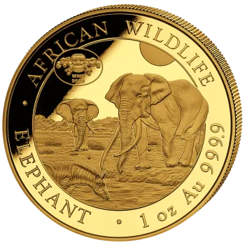 Unze Goldmünze Somalia 2026 Elefant mit Botanical Garden Privy Mark zur World Money Fair Berlin, geprägt in 999,9 Feingold, geliefert im Etui mit durchnummeriertem Zertifikat.