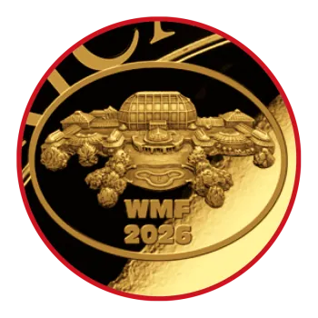 Unze Goldmünze Somalia 2026 Elefant mit Botanical Garden Privy Mark zur World Money Fair Berlin, geprägt in 999,9 Feingold, geliefert im Etui mit durchnummeriertem Zertifikat.