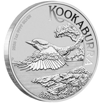 1 Unze Silbermünze Australien 2026 Kookaburra aus 999,9 Feinsilber, geprägt von der Perth Mint, jährlich wechselndes Kookaburra Motiv, einzeln in Münzkapsel verpackt.