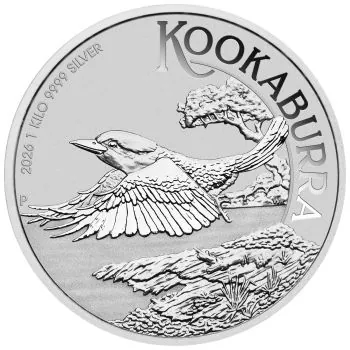 „1 Kilo Silbermünze Australien 2026 Kookaburra aus 999,9 Feinsilber, geprägt von der Perth Mint, großformatiges Kookaburra Motiv, einzeln in Münzkapsel verpackt.“