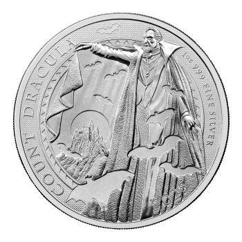 1 Unze Silbermünze Großbritannien 2025 Graf Dracula aus 999,9 Feinsilber, Rückseite mit Graf Dracula Motiv, Vorderseite mit offizieller Porträtprägung, ausgeliefert in Münzkapsel