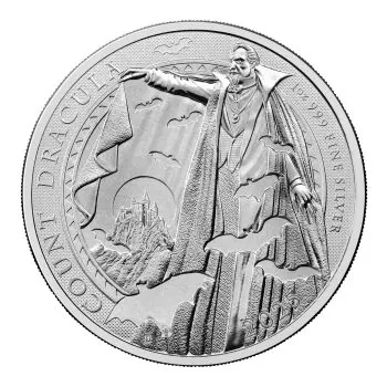1 Unze Silbermünze Großbritannien 2025 Graf Dracula aus 999,9 Feinsilber, Rückseite mit Graf Dracula Motiv, Vorderseite mit offizieller Porträtprägung, ausgeliefert in Münzkapsel
