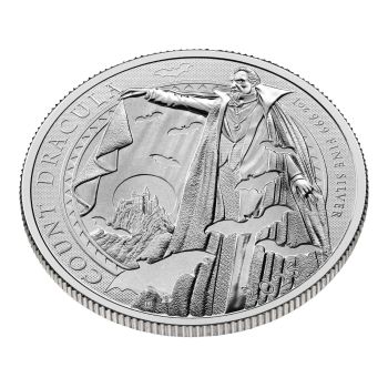1 Unze Silbermünze Großbritannien 2025 Graf Dracula aus 999,9 Feinsilber, Rückseite mit Graf Dracula Motiv, Vorderseite mit offizieller Porträtprägung, ausgeliefert in Münzkapsel