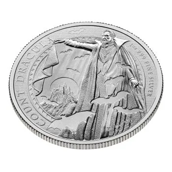 1 Unze Silbermünze Großbritannien 2025 Graf Dracula aus 999,9 Feinsilber, Rückseite mit Graf Dracula Motiv, Vorderseite mit offizieller Porträtprägung, ausgeliefert in Münzkapsel