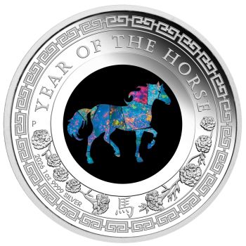 1 Unze Silbermünze Australien 2026 Polierte Platte Opal Serie mit Lunar Pferd Motiv aus 999,9 Feinsilber, geprägt von der Perth Mint, ausgeliefert im Münzetui mit Zertifikat.