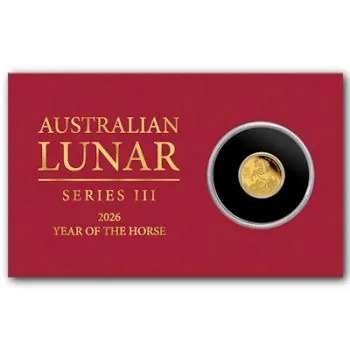0,5 Gramm Goldmünze Australien 2026 Polierte Platte im Blister, Lunar Serie 3 Motiv Pferd aus 999,9 Feingold, geprägt von der Perth Mint.