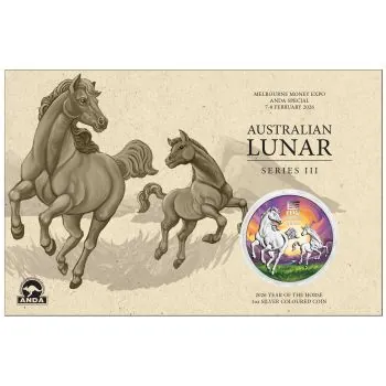 1 Unze Silbermünze Australien 2026 Lunar Serie 3 Pferd, Blister in Farbe aus 999,9 Feinsilber, mit Privy Mark Melbourne Money Expo ANDA Special Ausgabe, ausgeliefert in Blisterverpackung.
