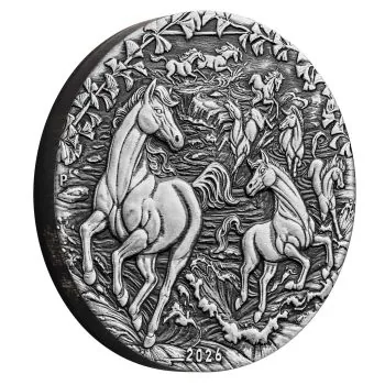 2 Unzen Silbermünze Australien 2026 Lunar Serie 3 Pferd in Antique Finish aus 999,9 Feinsilber, geprägt von der Perth Mint, ausgeliefert im Münzetui mit Zertifikat, weltweit auf 1.888 Stück limitiert.