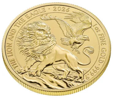 1 Unze Silbermünze Großbritannien 2026 mit dem Motiv Löwe und Adler, geprägt in 999er Feinsilber, Wertseite mit Porträt von König Charles III.