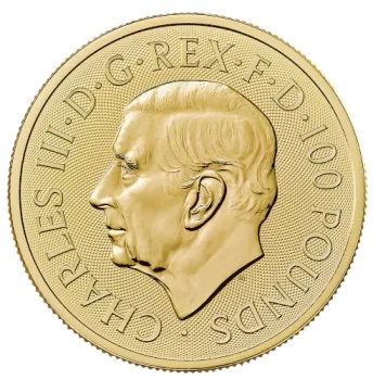 1 Unze Goldmünze Großbritannien 2026 mit dem Motiv Löwe und Adler, geprägt in 999,9er Gold, Wertseite mit Porträt von König Charles III.