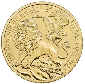 1 Unze Goldmünze Großbritannien 2026 mit dem Motiv Löwe und Adler, geprägt in 999,9er Gold, Wertseite mit Porträt von König Charles III.
