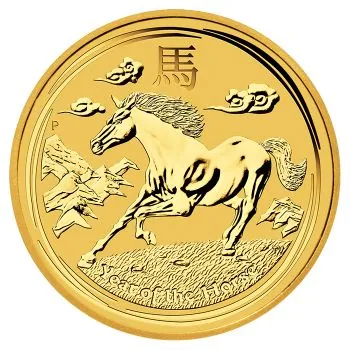 1/2 Unze Goldmünze Australien 2014 Lunar Serie 2 Pferd aus 999,9er Gold, Motiv mit Pferd und chinesischem Schriftzeichen, Wertseite mit Porträt von Königin Elizabeth II.