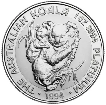 1 Unze Platinmünze Australien 1994 Koala aus 999,5er Platin, Motiv mit australischem Koala, Wertseite mit Porträt von Königin Elizabeth II.