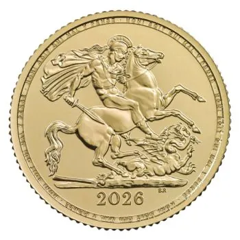 Goldmünze Großbritannien 2026 mit St.-George-und-Drache-Motiv auf der Vorderseite. Rückseite zeigt König Charles III. mit Latentbild und Halbton-Effekt im Randbereich. Mikrogravur am Münzrand der Vorderseite.