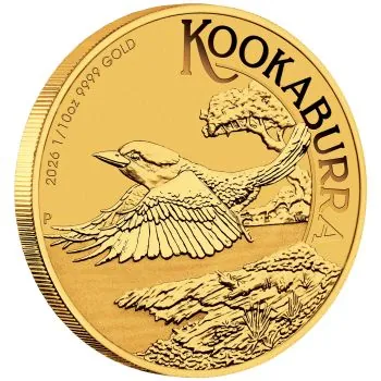 /10 Unze Goldmünze Australien 2026 Kookaburra aus 999,9er Gold, Motiv mit australischem Eisvogel, Wertseite mit Porträt von König Charles III.