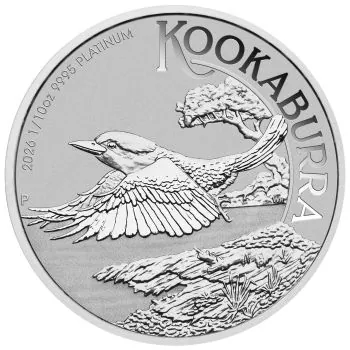 1/10 Unze Platinmünze Australien 2026 Kookaburra aus 999,5 Platin, Motiv mit australischem Eisvogel, Wertseite mit Porträt von König Charles III.