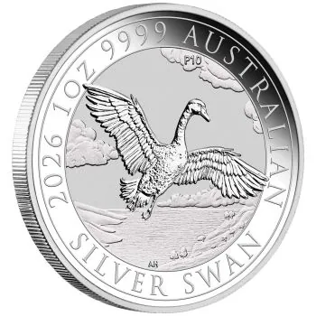 1 Unze Silbermünze Australien 2026 The Swan 10th Anniversary aus 999,9er Feinsilber, Motiv zeigt einen elegant dargestellten Schwan, Wertseite mit Porträt von König Charles III.